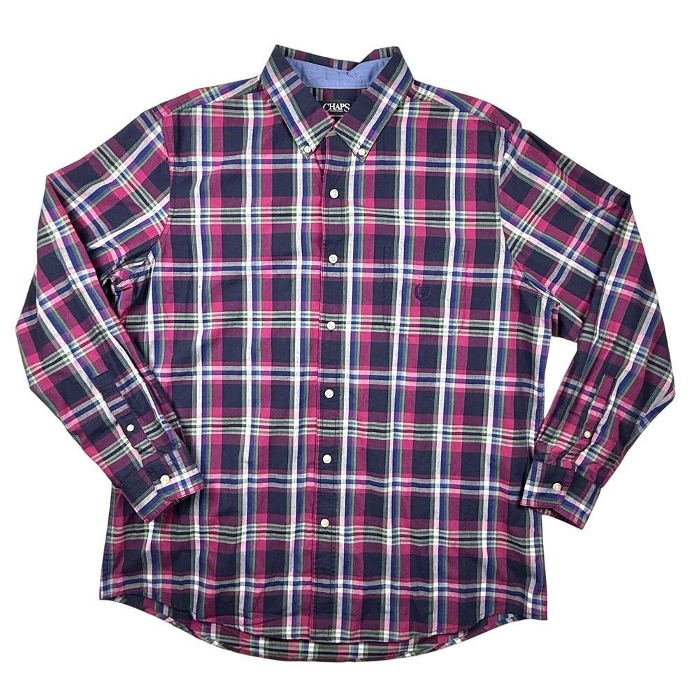 Chaps Ralph Lauren Shirt XL‎ Pink Collared Plaid Long Sleeve Button Down Logo
